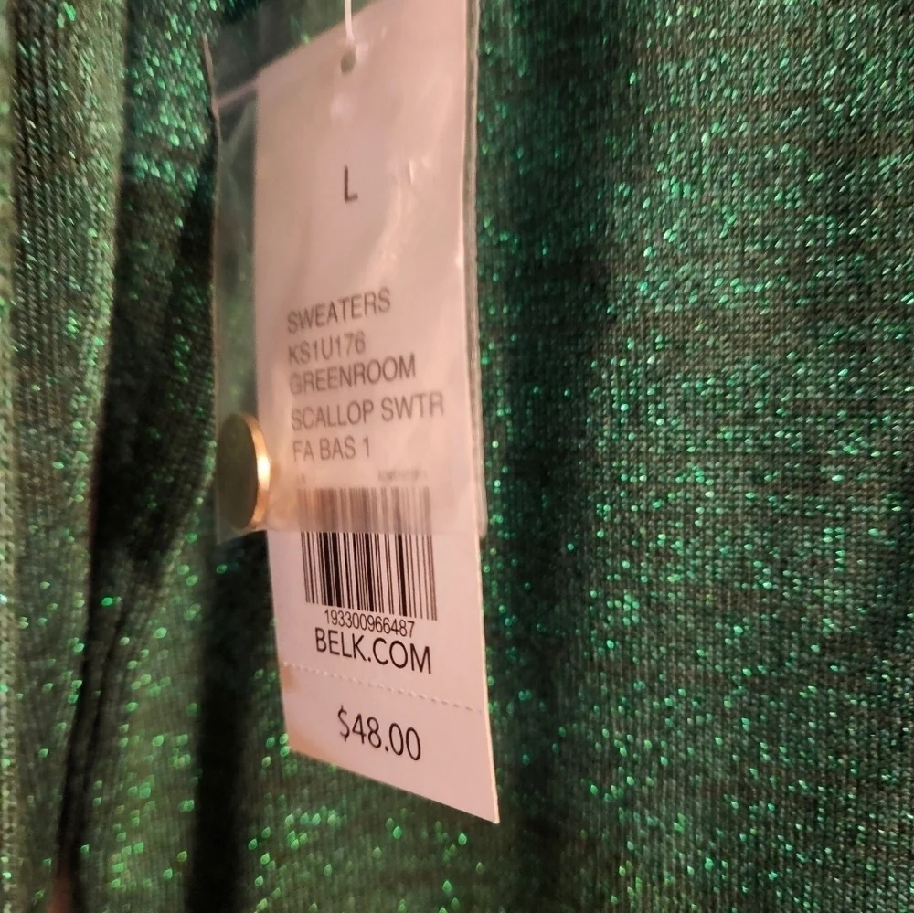 Kim Rogers Pullover Sweater Green Large Scallop Neckline Sparkly Christmas